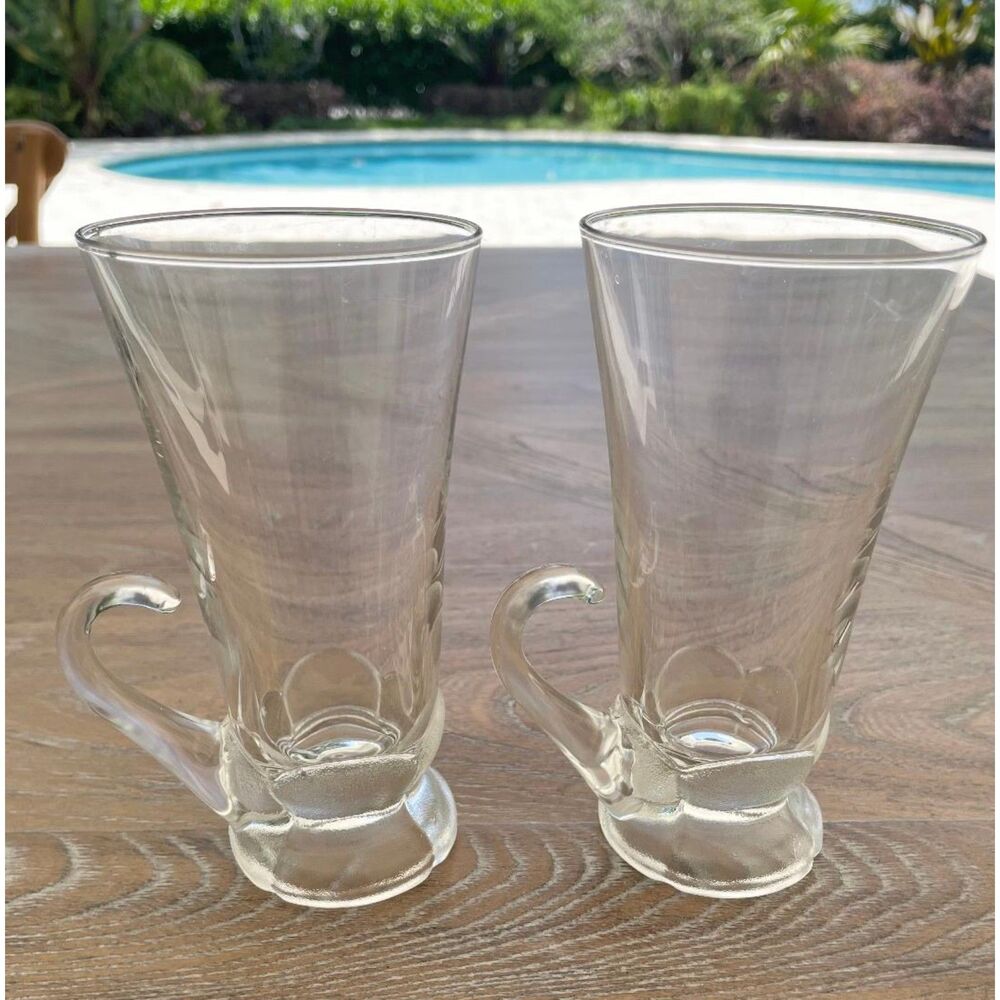 Set of 2 Vintage Clear Glass Irish Coffee Mugs 8oz. w/Handles Footed Design